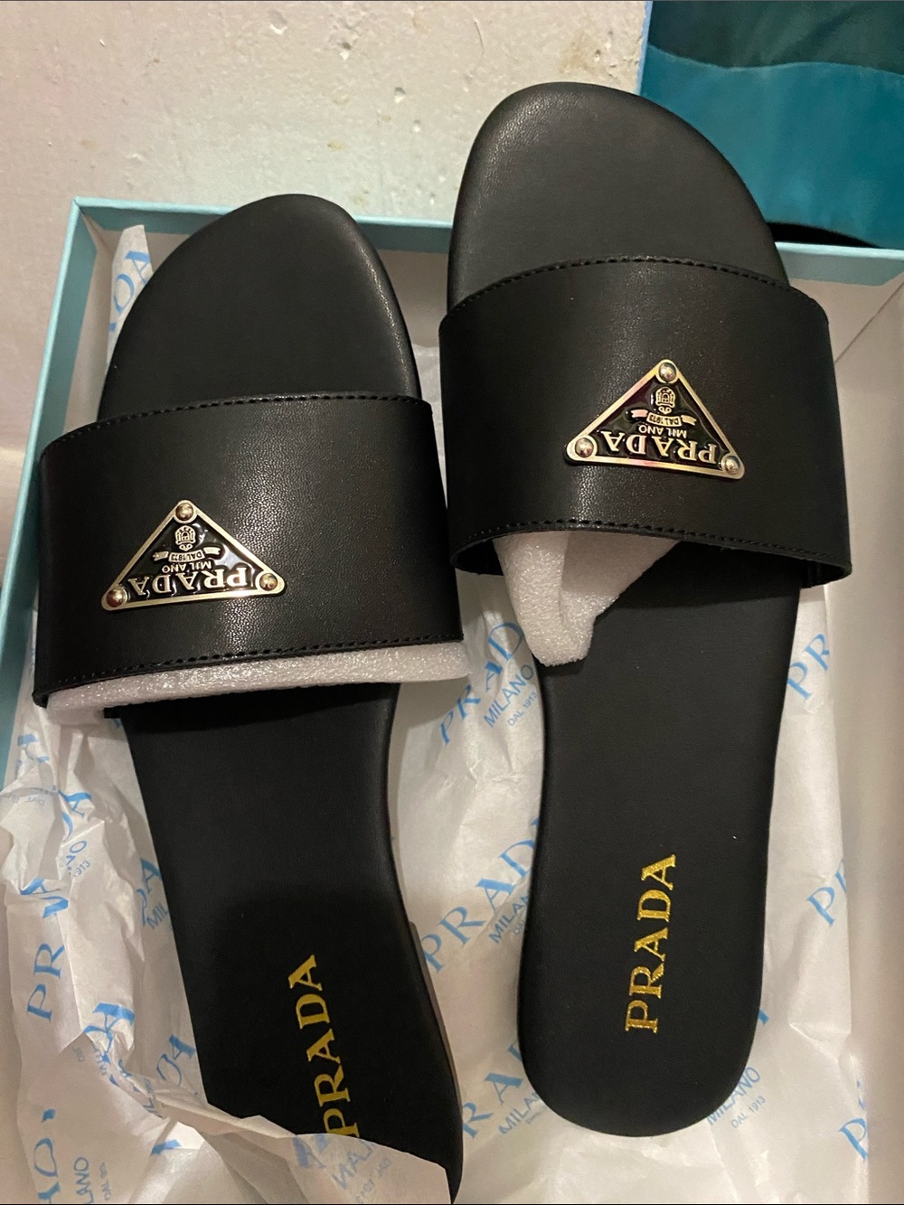 Prada Black Logo Triangle Plaque Slide Sandals - Picture 2 of 7
